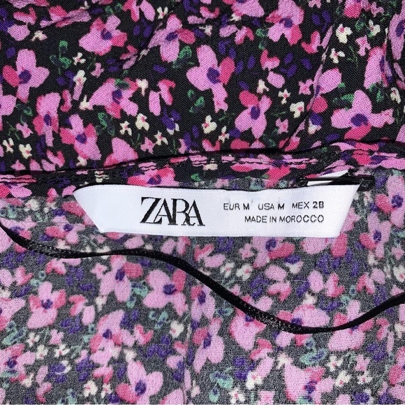 Zara Blouse Women 's Medium Black Pink Ruffle Asymmetrical Floral  Long Sleeve - Picture 9 of 11